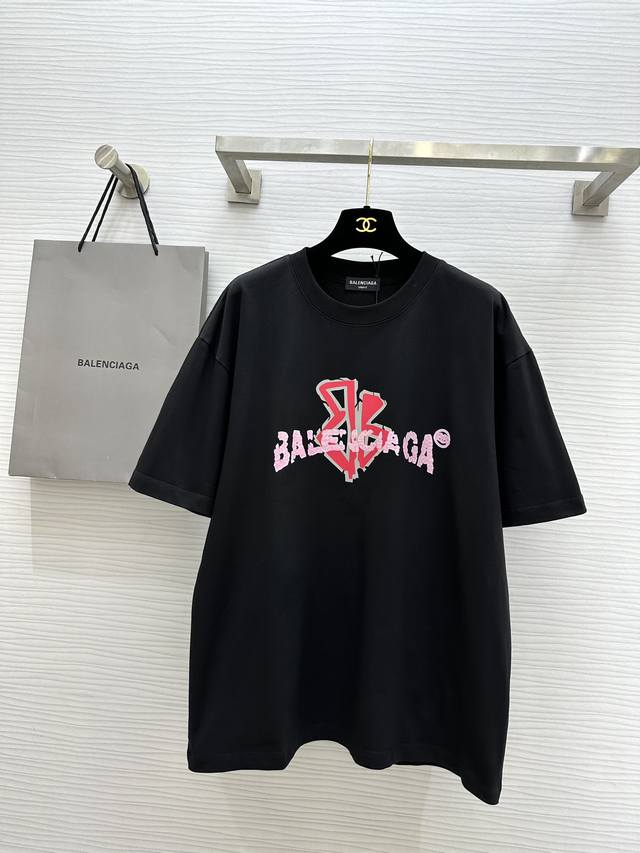 Balenciaga 巴黎世家2Ss 限定款 双b粉色叠加logo 印花短袖t恤 原版开模打造 全套定制辅料 采用实打实280G 100%纯棉 定织定染！Siz