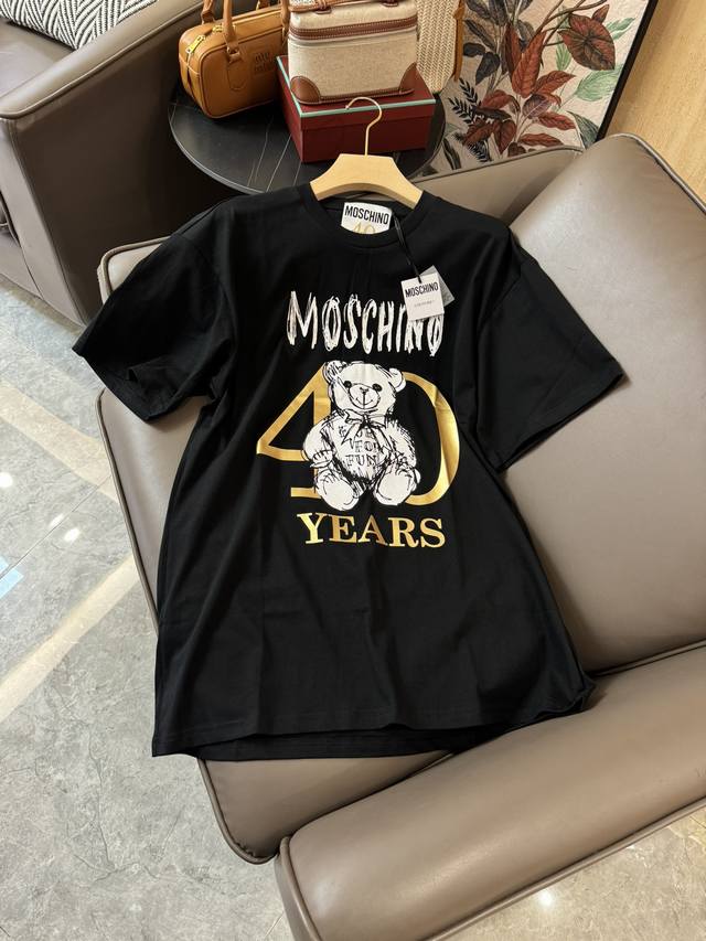 Qg24248#新款t恤 Moschino 最新款 40周年印花 烫金小熊 T恤 黑色 白色 Sml