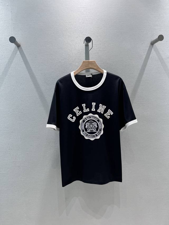 Celin* 24Ss春夏新款 立体植绒印花圆领短袖t恤丨独家高版出品！定制yb斜纹全棉材质 工艺织造 呈现出弹力透气肌理 质感高级 穿搭舒适 圆领短袖剪裁 领