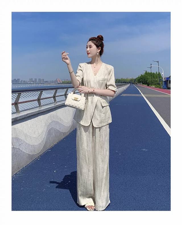 时尚套装女夏2024新款洋气减龄休闲显瘦西装阔腿裤两件套 Smlxl 不配腰带！