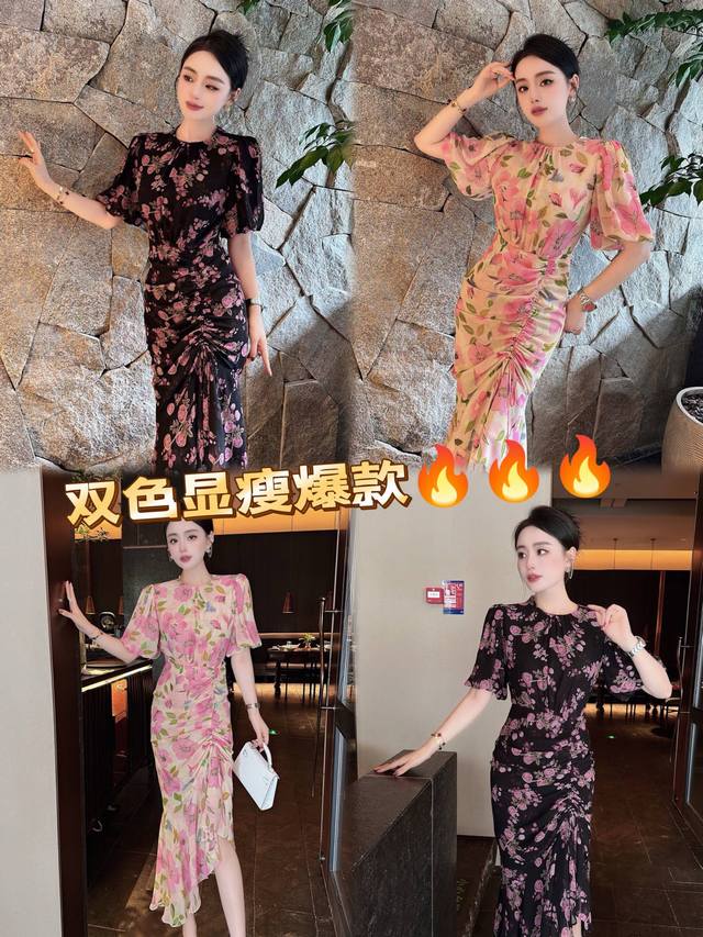 翻单出货~~ 爆美！经典抽绳鱼尾定制超美花色连衣裙，乔其纱面料轻薄凉爽夏季必备！超仙女超减龄！名媛淑女穿搭！气质优雅！必补单爆款！双色四码 S M L Xl