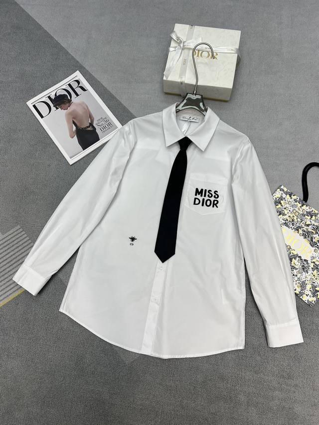 高品质dior2024早秋新款衬衫胸前logo蜜蜂刺绣搭配领带白色sml - 点击图像关闭